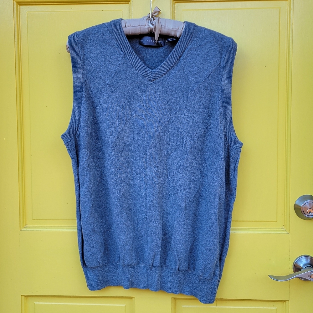Oscar de la Renta Diamond-Knit Gray Cotton Sweater Vest Men’s M